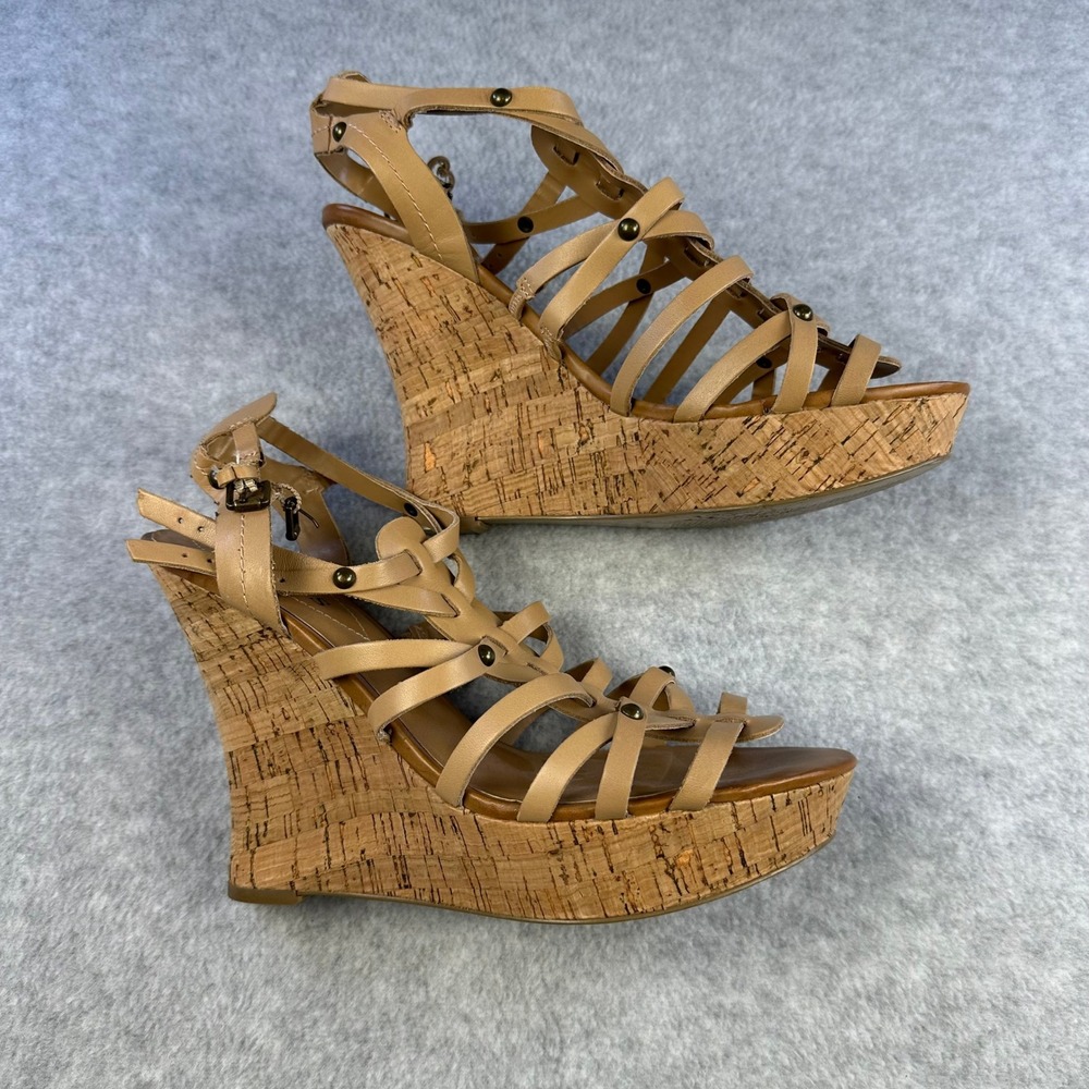 Guess Gladiator Tan Leather Cork Platform Wedge Strappy Sandals Women 9M Studded